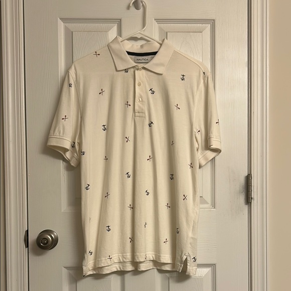 Nautica Cream Cotton Polo Shirt with Nautical Print Short Sleeve Size Small - Picture 1 of 7